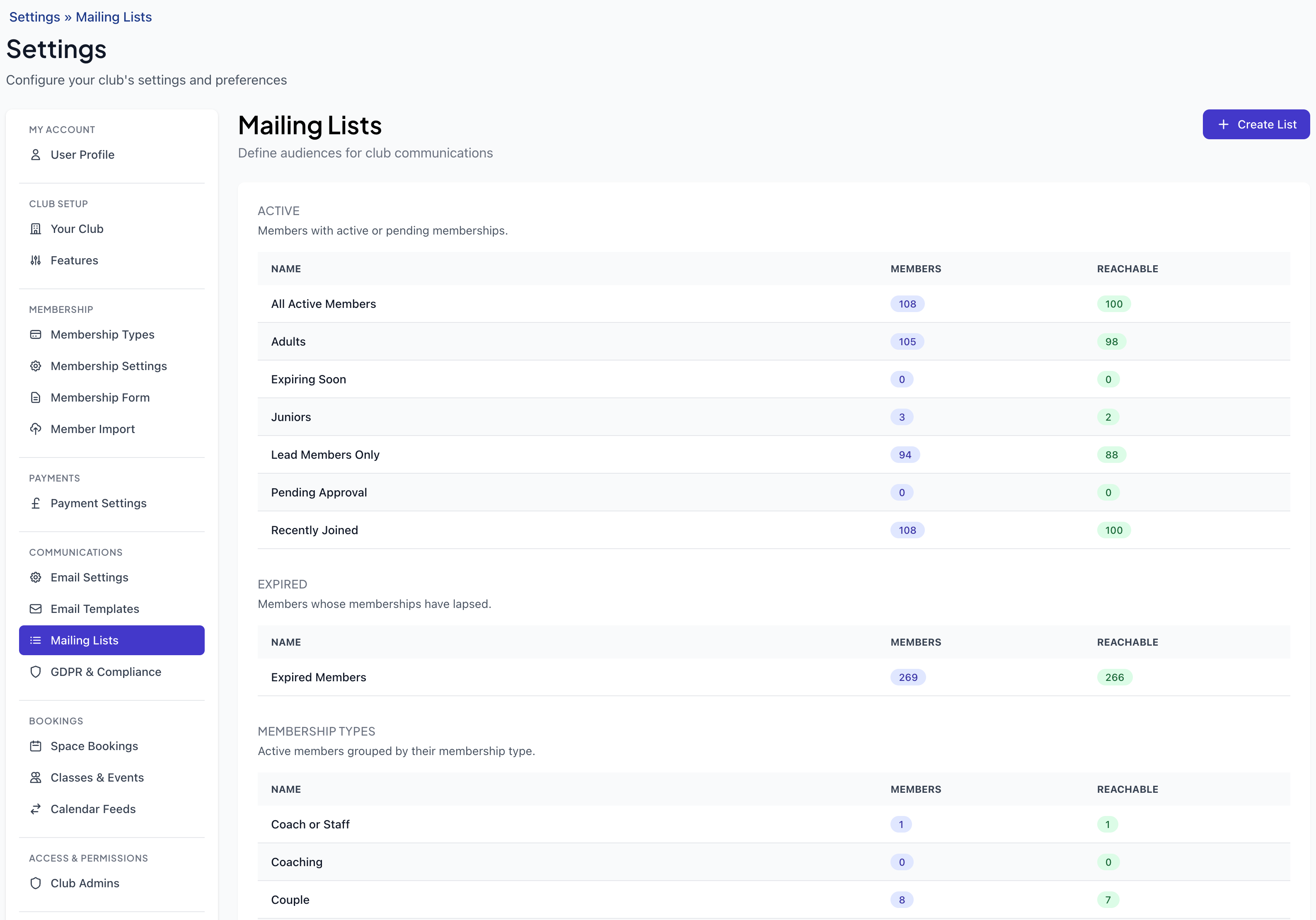 Smart mailing lists in ClubPilot