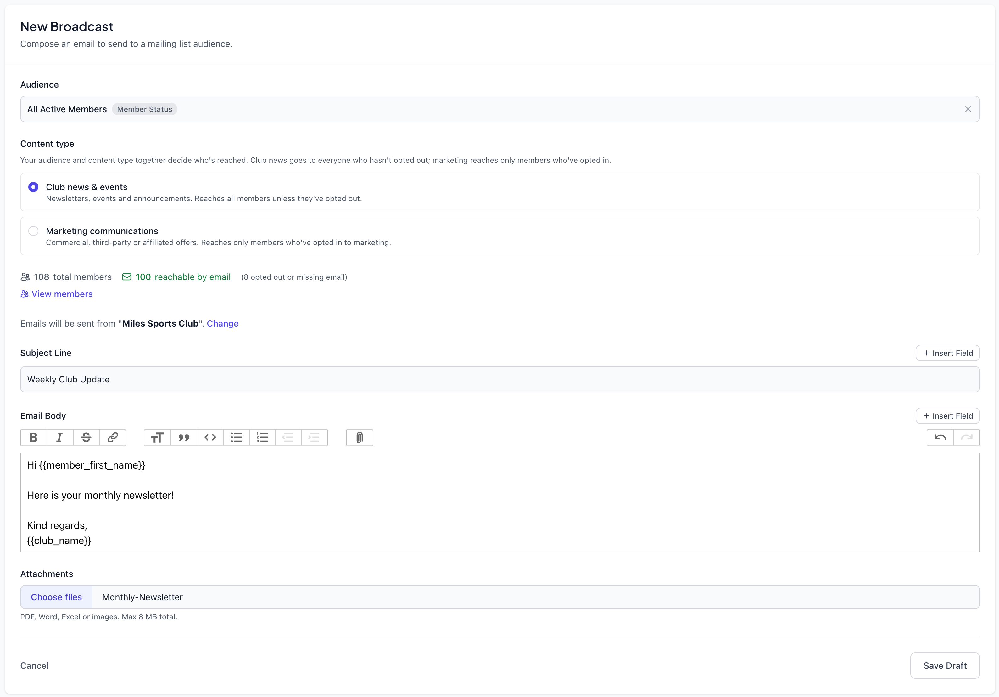 Composing an email broadcast in ClubPilot