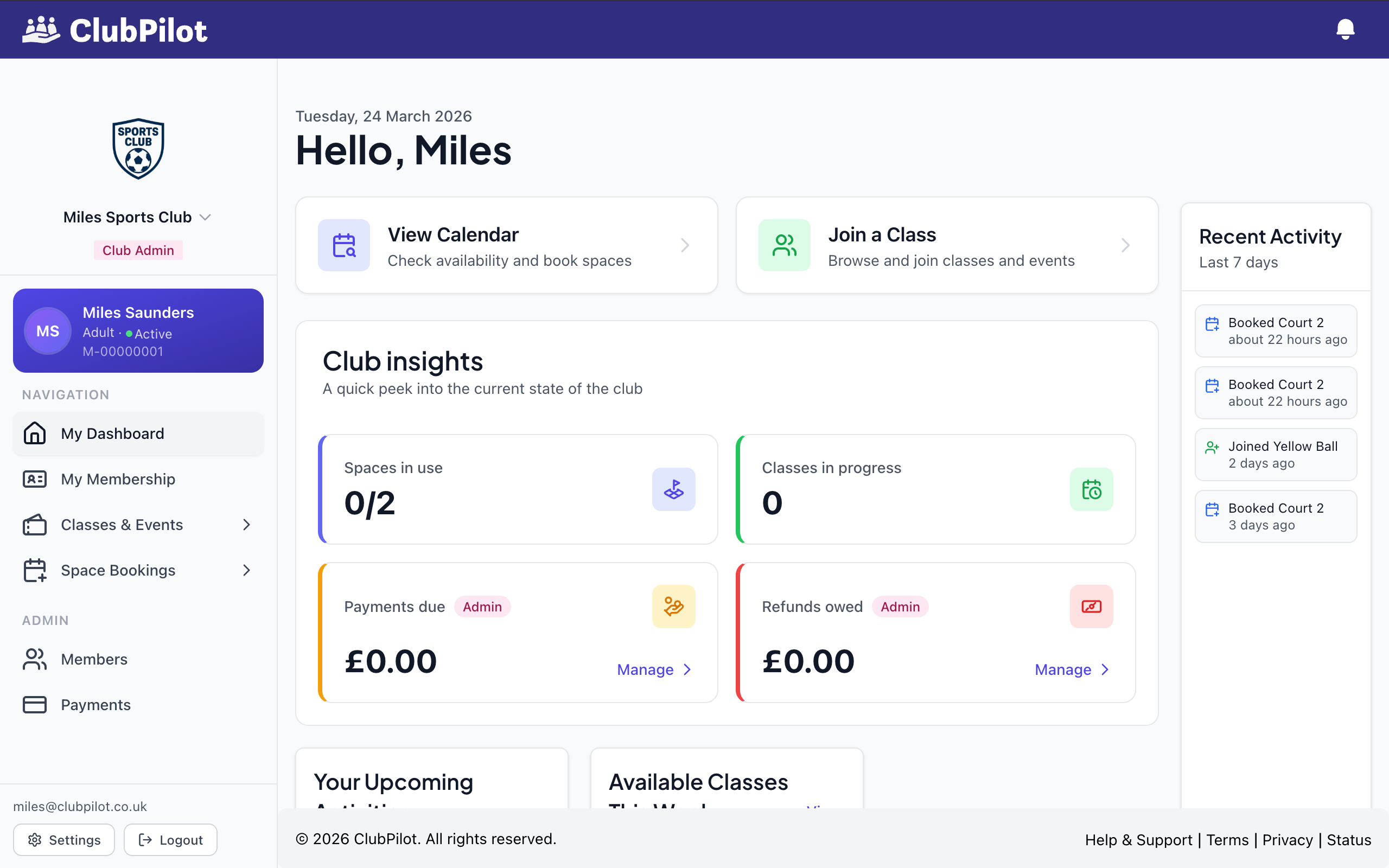 ClubPilot dashboard on desktop