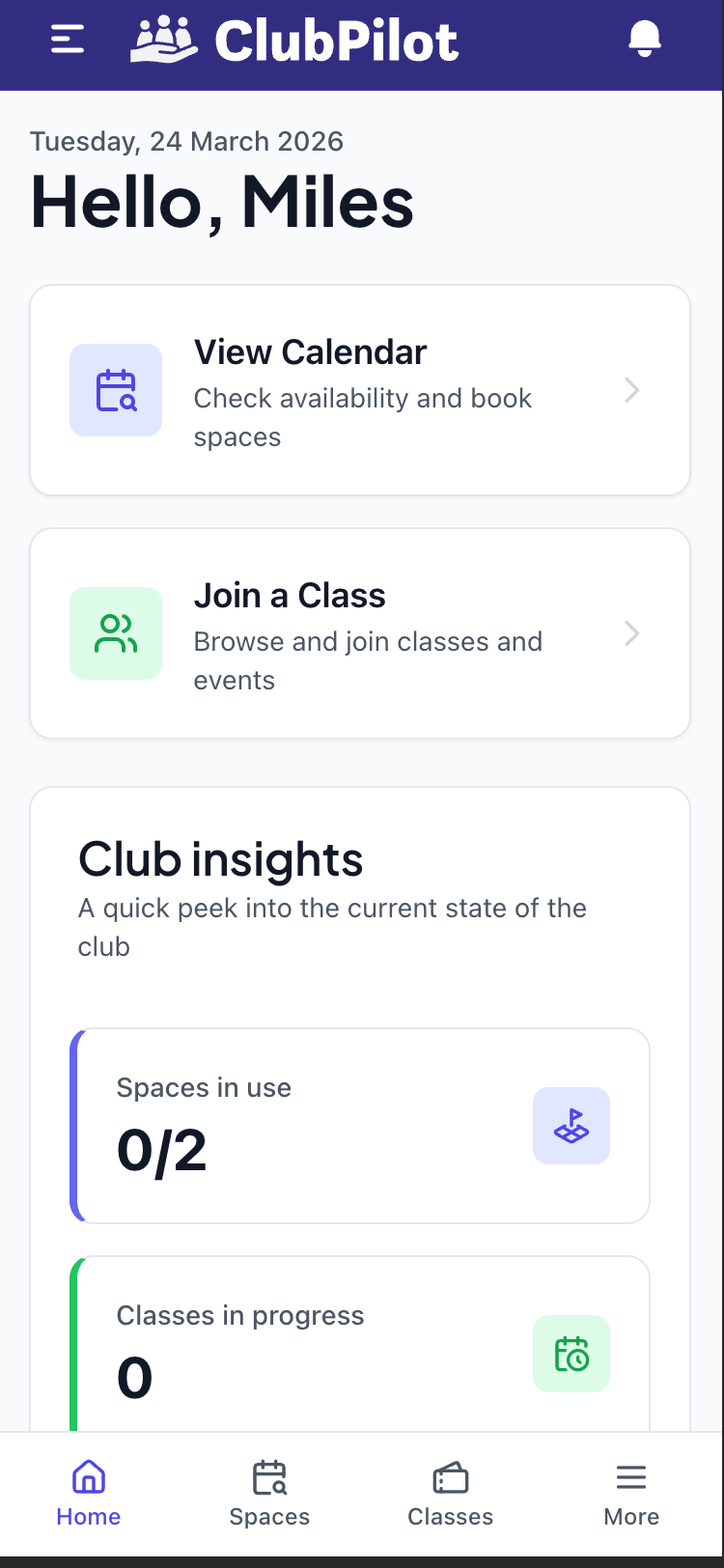 ClubPilot dashboard on iPhone