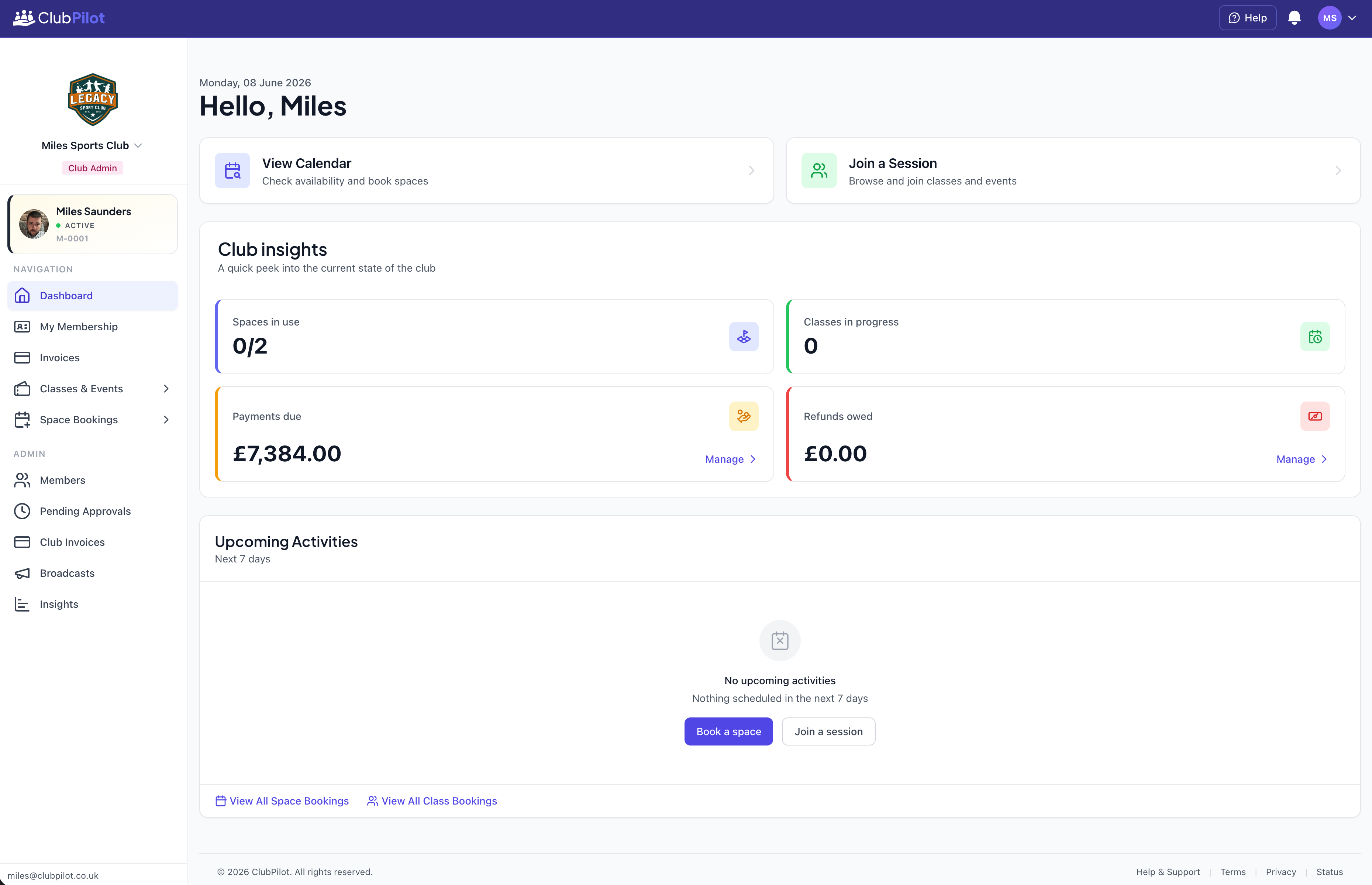 ClubPilot dashboard on desktop