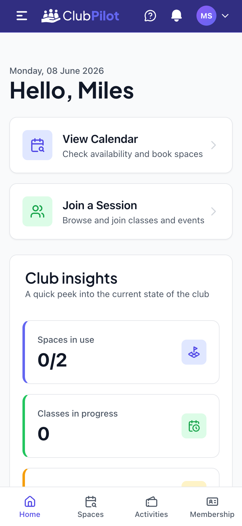 ClubPilot dashboard on iPhone