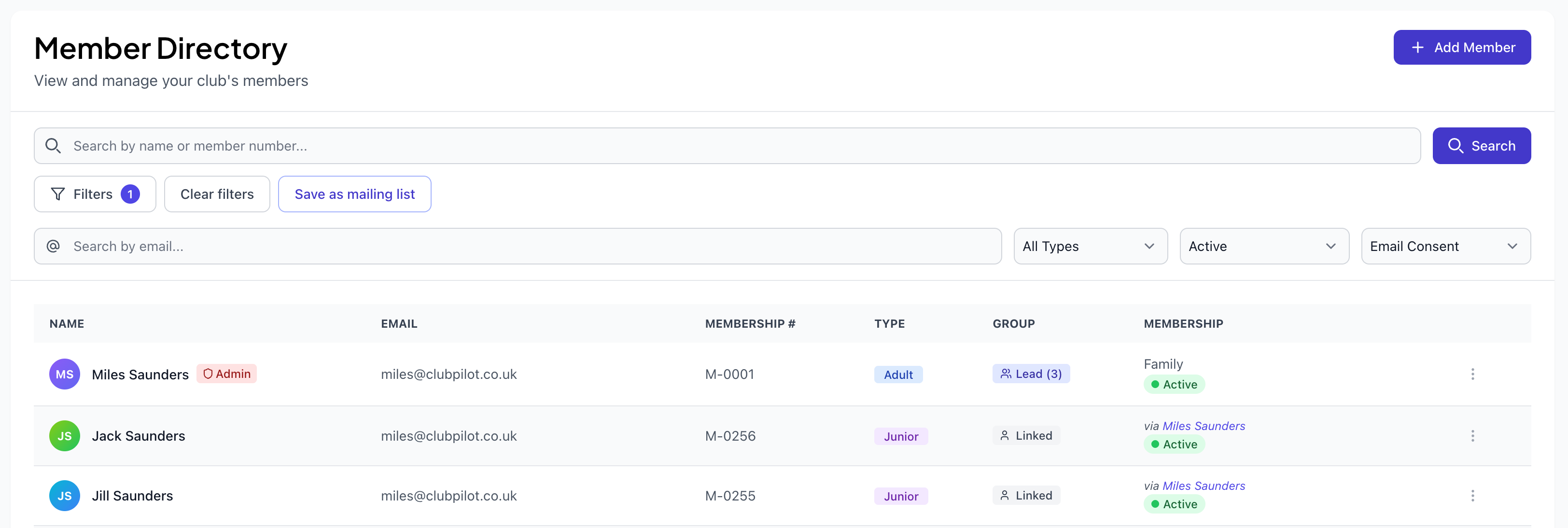 A member record showing subscription and payment history in ClubPilot