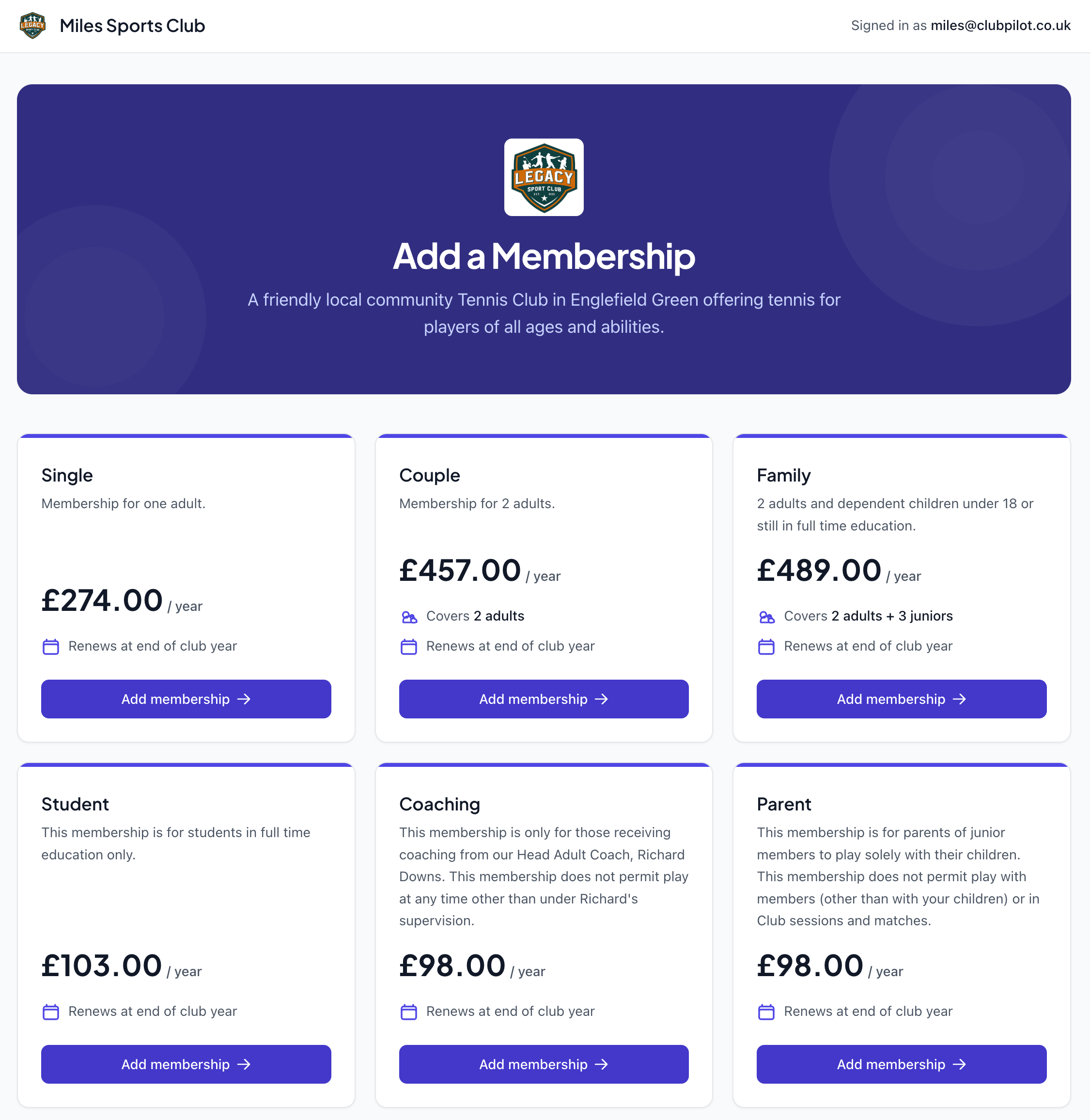 A member signing up online in ClubPilot